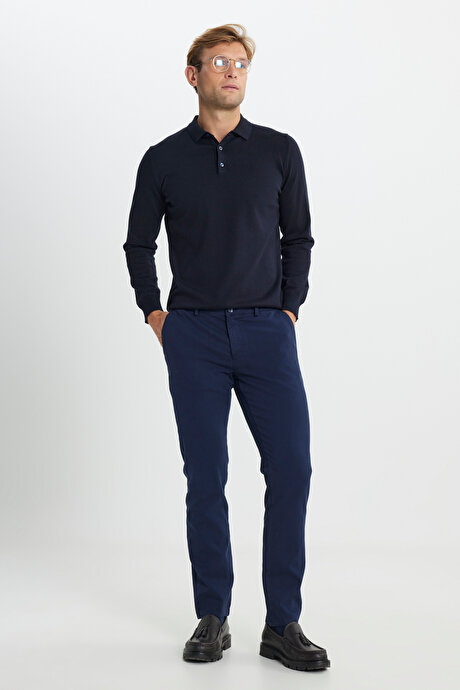 Slim Fit Dar Kesim Pamuklu Esnek Armürlü Yan Cep Lacivert Pantolon resmi