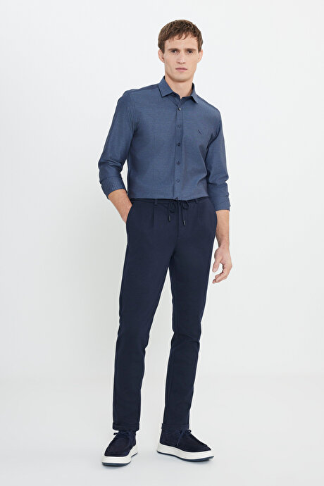 Slim Fit Dar Kesim Beli Bağlamalı Yan Cep Esnek Casual Lacivert Pantolon resmi