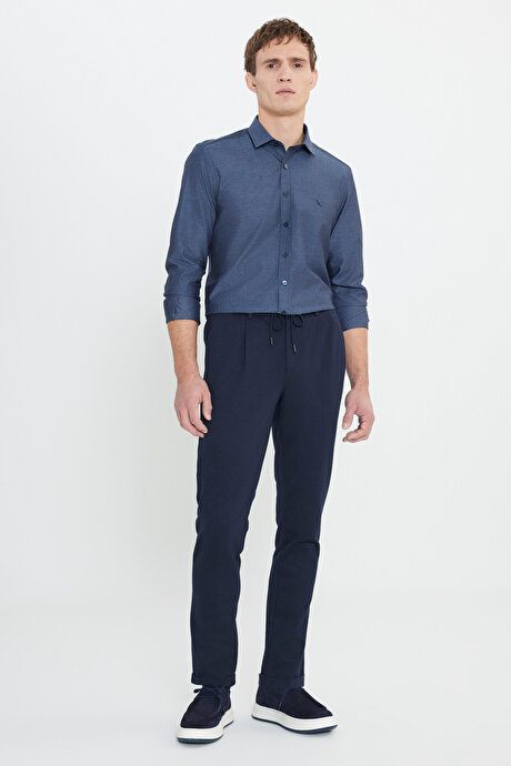 Slim Fit Dar Kesim Beli Bağlamalı Yan Cep Esnek Casual Lacivert Pantolon resmi