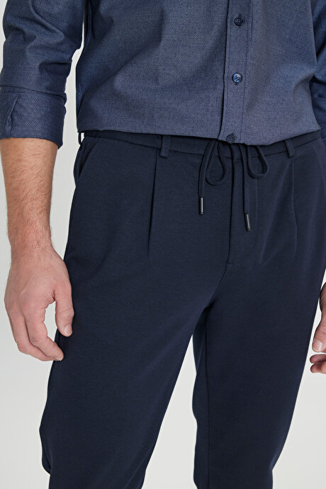 Slim Fit Dar Kesim Beli Bağlamalı Yan Cep Esnek Casual Lacivert Pantolon resmi