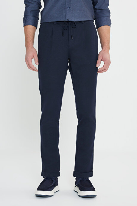 Slim Fit Dar Kesim Beli Bağlamalı Yan Cep Esnek Casual Lacivert Pantolon resmi