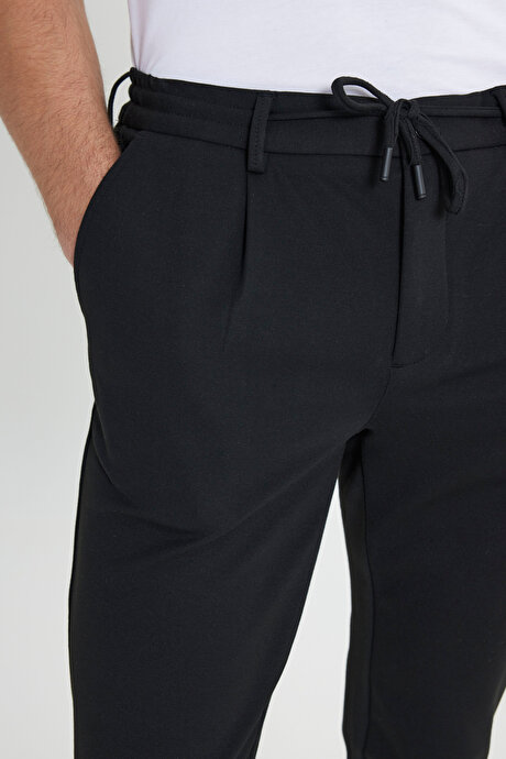 Slim Fit Dar Kesim Beli Bağlamalı Yan Cep Esnek Casual Siyah Pantolon resmi