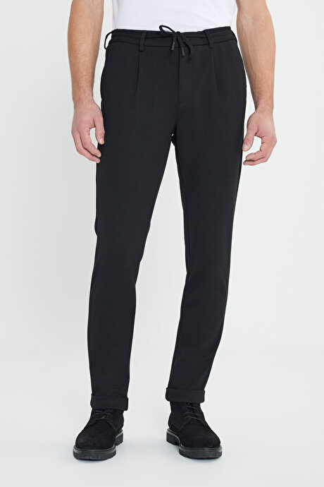 Slim Fit Dar Kesim Beli Bağlamalı Yan Cep Esnek Casual Siyah Pantolon resmi