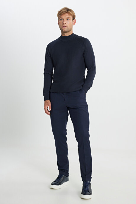 Yünlü Flanel Slim Fit Dar Kesim Beli Gizli Lastikli Yan Cep Klasik Lacivert Pantolon resmi