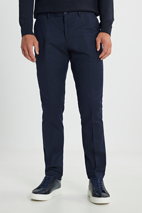 Yünlü Flanel Slim Fit Dar Kesim Beli Gizli Lastikli Yan Cep Klasik Lacivert Pantolon resmi