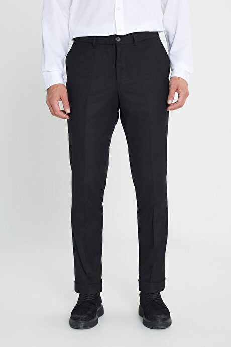 Yünlü Flanel Slim Fit Dar Kesim Beli Gizli Lastikli Yan Cep Klasik Siyah Pantolon resmi