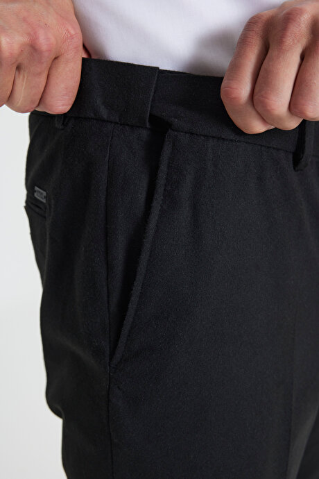 Yünlü Flanel Slim Fit Dar Kesim Beli Gizli Lastikli Yan Cep Klasik Siyah Pantolon resmi