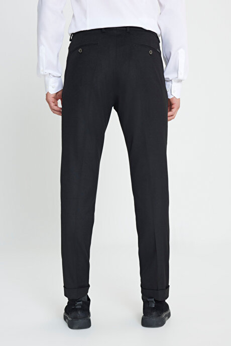 Yünlü Flanel Slim Fit Dar Kesim Beli Gizli Lastikli Yan Cep Klasik Siyah Pantolon resmi