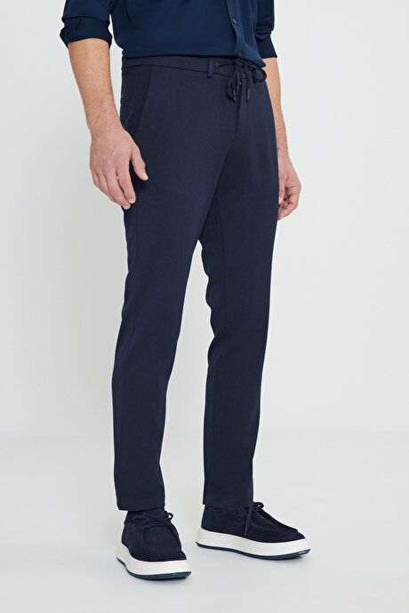 Slim Fit Dar Kesim Beli Bağlamalı Yan Cep Casual Lacivert Pantolon resmi