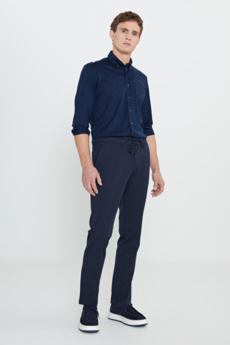 Slim Fit Dar Kesim Beli Bağlamalı Yan Cep Casual Lacivert Pantolon resmi