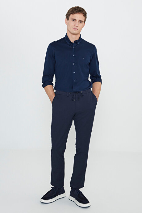 Slim Fit Dar Kesim Beli Bağlamalı Yan Cep Casual Lacivert Pantolon resmi