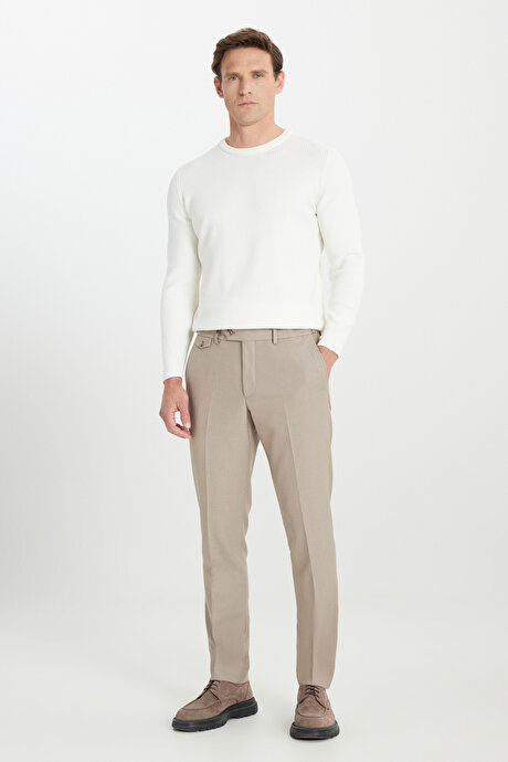 Slim Fit Dar Kesim Beli Gizli Lastikli Diagonal Desenli Yan Cep Esnek Klasik Vizon PantolonYDE012510168VIZ