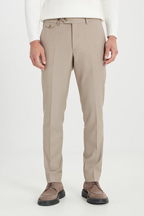 Slim Fit Dar Kesim Beli Gizli Lastikli Diagonal Desenli Yan Cep Esnek Klasik Vizon PantolonYDE012510168VIZ