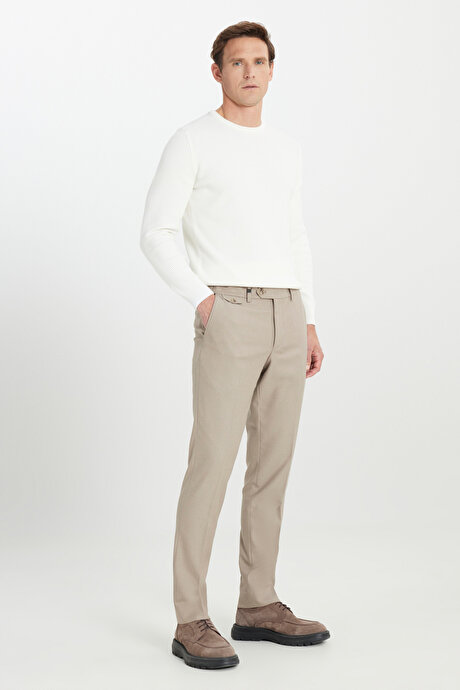 Slim Fit Dar Kesim Beli Gizli Lastikli Diagonal Desenli Yan Cep Esnek Klasik Vizon Pantolon resmi