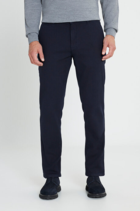 Pamuklu Comfort Fit Rahat Kesim Armürlü Yan Cep Esnek Casual Lacivert Pantolon resmi