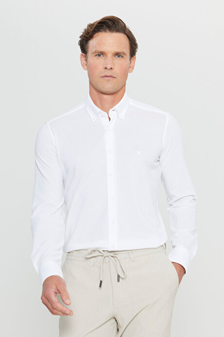 360 Her Yöne Esneyen Pamuklu Slim Fit Dar Kesim Düğmeli Yaka Örme Beyaz Gömlek resmi