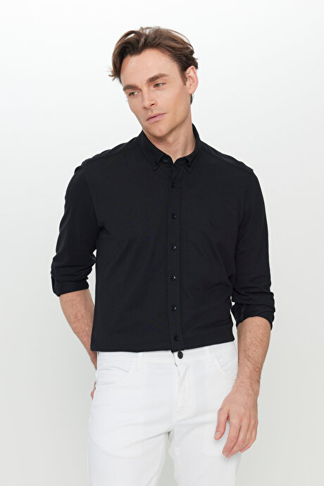 360 Her Yöne Esneyen Pamuklu Slim Fit Dar Kesim Düğmeli Yaka Örme Siyah Gömlek resmi