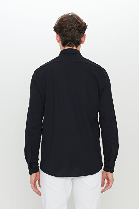 360 Her Yöne Esneyen Pamuklu Slim Fit Dar Kesim Düğmeli Yaka Örme Siyah Gömlek resmi