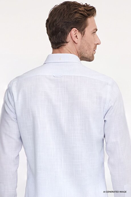 %100 Pamuk Slim Fit Dar Kesim Düğmeli Yaka Armürlü Flamlı Mavi Gömlek resmi