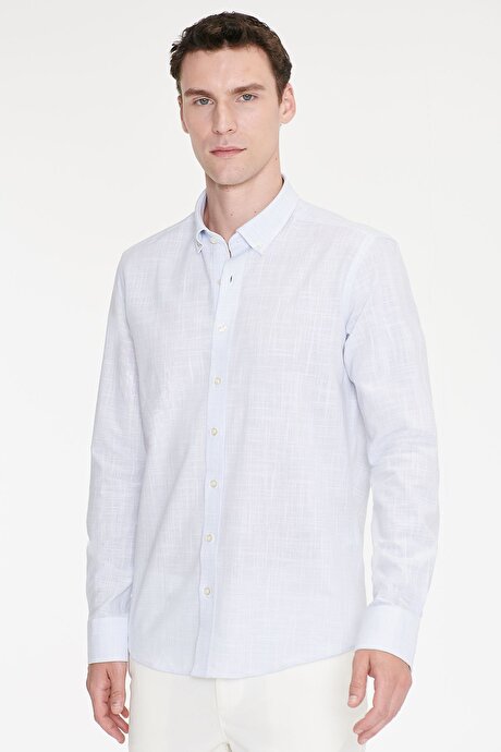 %100 Pamuk Slim Fit Dar Kesim Düğmeli Yaka Armürlü Flamlı Mavi Gömlek resmi