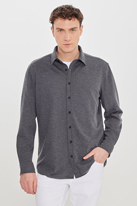 Pamuklu Comfort Fit Rahat Kesim Klasik Yaka Örme Antrasit Gömlek resmi