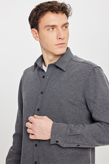 Pamuklu Comfort Fit Rahat Kesim Klasik Yaka Örme Antrasit Gömlek resmi