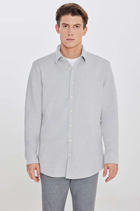 Pamuklu Comfort Fit Rahat Kesim Klasik Yaka Örme Gri Gömlek resmi