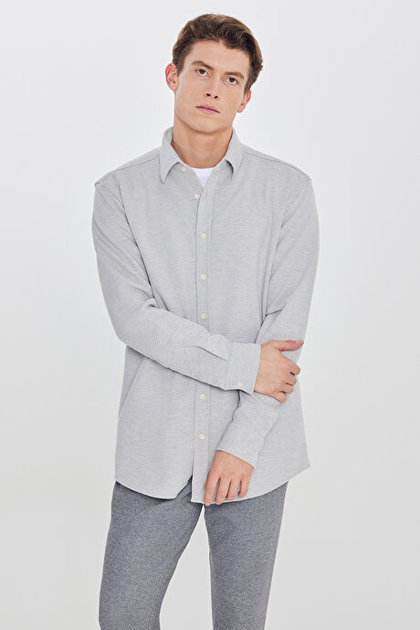 Pamuklu Comfort Fit Rahat Kesim Klasik Yaka Örme Gri Gömlek resmi