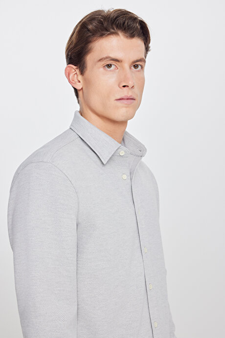 Pamuklu Comfort Fit Rahat Kesim Klasik Yaka Örme Gri Gömlek resmi