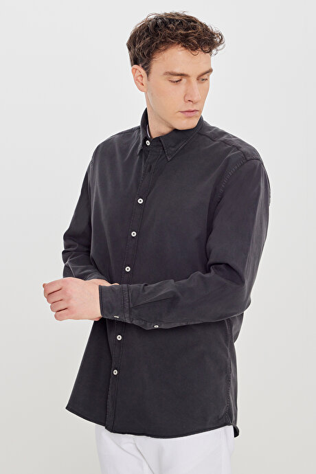 Pamuklu Comfort Fit Rahat Kesim Gizli Düğme Yaka Antrasit Gömlek resmi