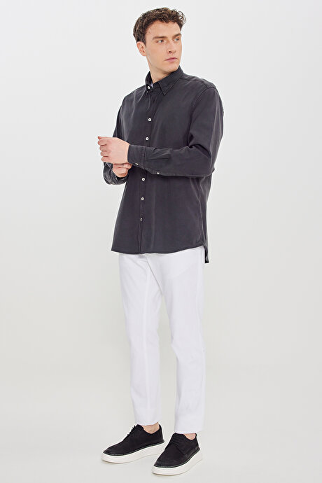 Pamuklu Comfort Fit Rahat Kesim Gizli Düğme Yaka Antrasit Gömlek resmi