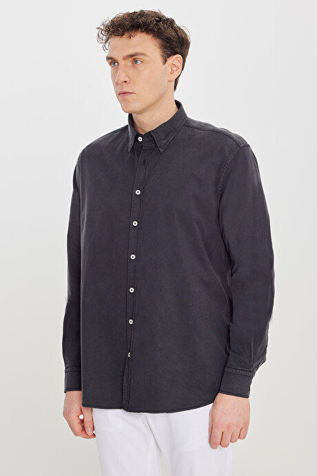 Pamuklu Comfort Fit Rahat Kesim Gizli Düğme Yaka Antrasit Gömlek resmi