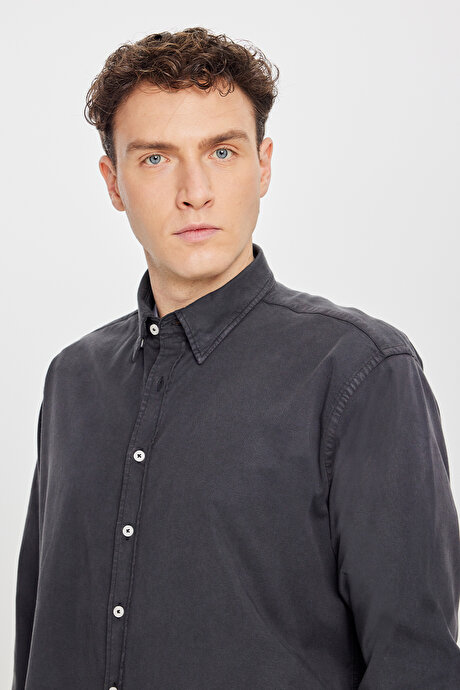 Pamuklu Comfort Fit Rahat Kesim Gizli Düğme Yaka Antrasit Gömlek resmi