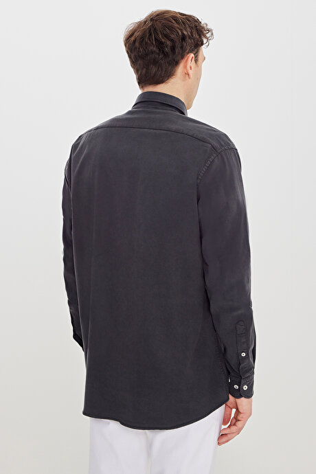 Pamuklu Comfort Fit Rahat Kesim Gizli Düğme Yaka Antrasit Gömlek resmi