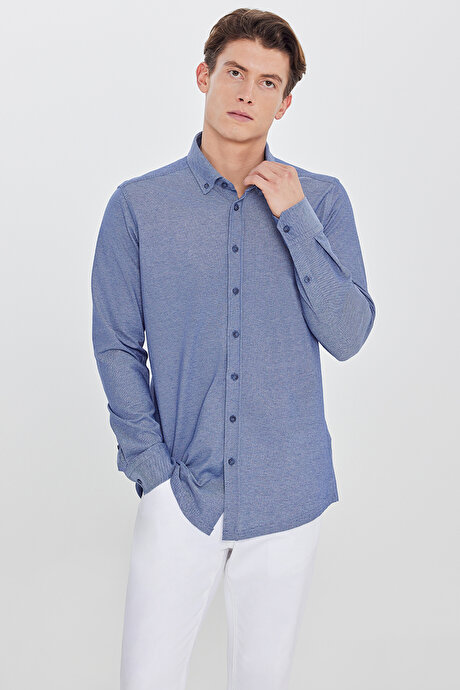 Pamuklu Slim Fit Dar Kesim Düğmeli Yaka Örme Lacivert Gömlek resmi