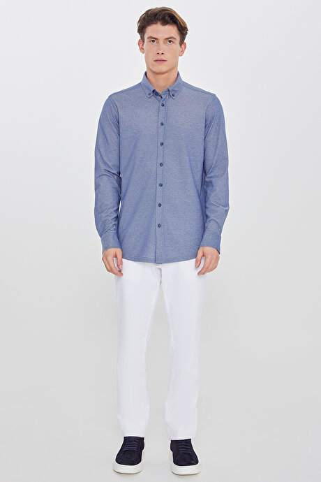 Pamuklu Slim Fit Dar Kesim Düğmeli Yaka Örme Lacivert Gömlek resmi