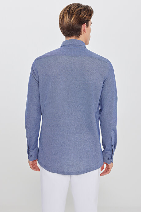 Pamuklu Slim Fit Dar Kesim Düğmeli Yaka Örme Lacivert Gömlek resmi