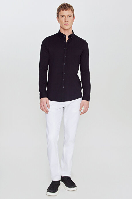 Pamuklu Slim Fit Dar Kesim Düğmeli Yaka Örme Siyah Gömlek resmi