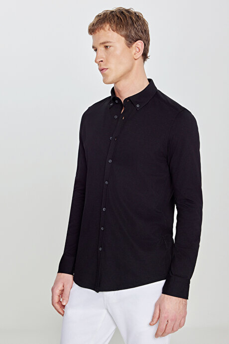 Pamuklu Slim Fit Dar Kesim Düğmeli Yaka Örme Siyah Gömlek resmi