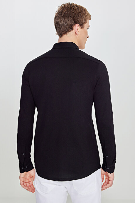 Pamuklu Slim Fit Dar Kesim Düğmeli Yaka Örme Siyah Gömlek resmi