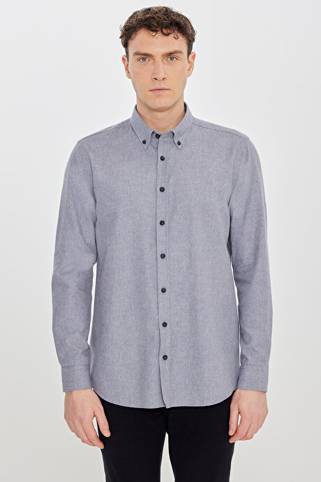 Pamuklu Slim Fit Dar Kesim Düğmeli Yaka Diagonal Desenli Flanel Gri Gömlek resmi
