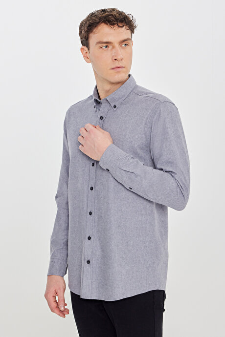 Pamuklu Slim Fit Dar Kesim Düğmeli Yaka Diagonal Desenli Flanel Gri Gömlek resmi