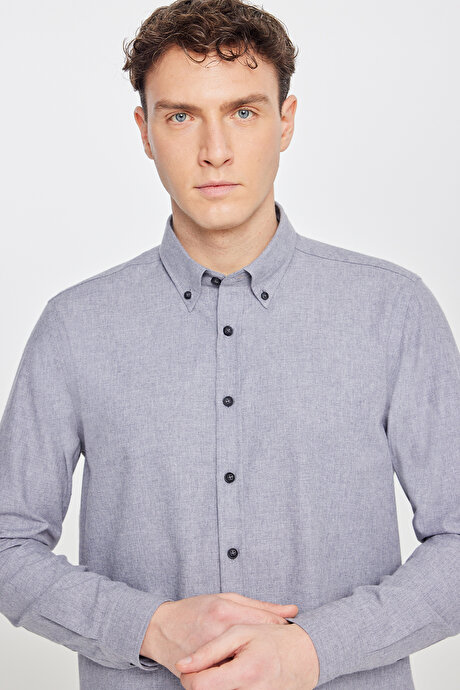 Pamuklu Slim Fit Dar Kesim Düğmeli Yaka Diagonal Desenli Flanel Gri Gömlek resmi