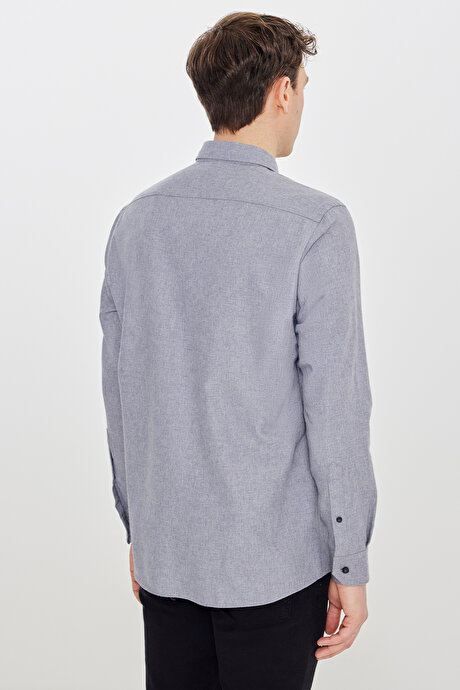 Pamuklu Slim Fit Dar Kesim Düğmeli Yaka Diagonal Desenli Flanel Gri Gömlek resmi