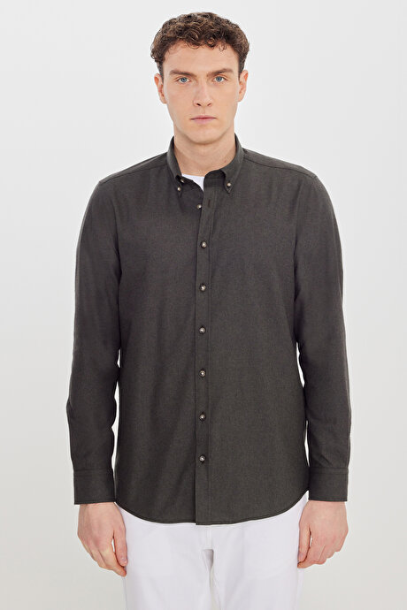 Pamuklu Slim Fit Dar Kesim Düğmeli Yaka Diagonal Desenli Flanel Haki Gömlek resmi