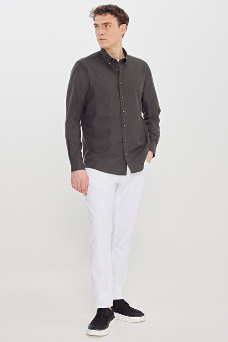 Pamuklu Slim Fit Dar Kesim Düğmeli Yaka Diagonal Desenli Flanel Haki Gömlek resmi