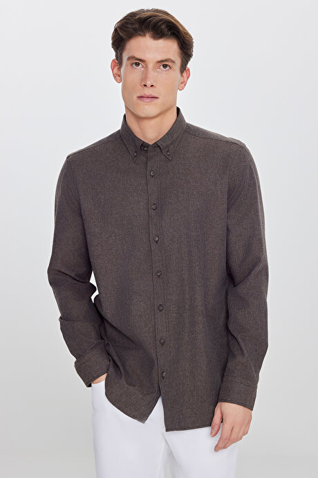Pamuklu Slim Fit Dar Kesim Düğmeli Yaka Diagonal Desenli Flanel Kahverengi Gömlek resmi