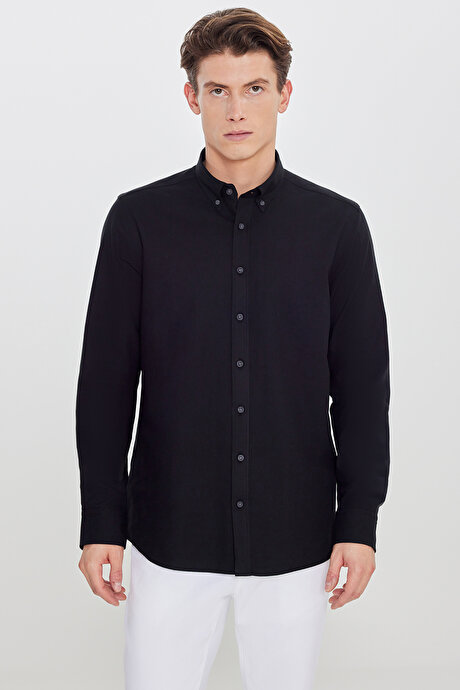 Pamuklu Slim Fit Dar Kesim Düğmeli Yaka Diagonal Desenli Flanel Siyah Gömlek resmi