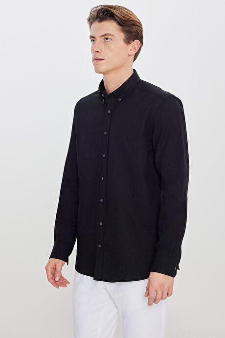 Pamuklu Slim Fit Dar Kesim Düğmeli Yaka Diagonal Desenli Flanel Siyah Gömlek resmi