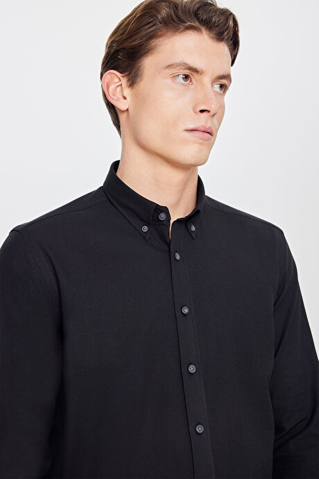 Pamuklu Slim Fit Dar Kesim Düğmeli Yaka Diagonal Desenli Flanel Siyah Gömlek resmi